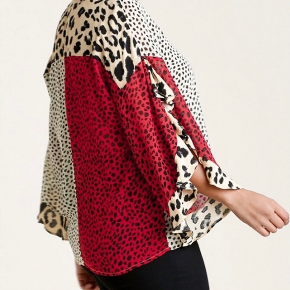 UMGEE ANIMAL PRINT RUFFLED SLEEVE SURPLICE TOP. LIGHTWEIGHT SHEER, HIGH LOW HEM - Picture 11 of 12